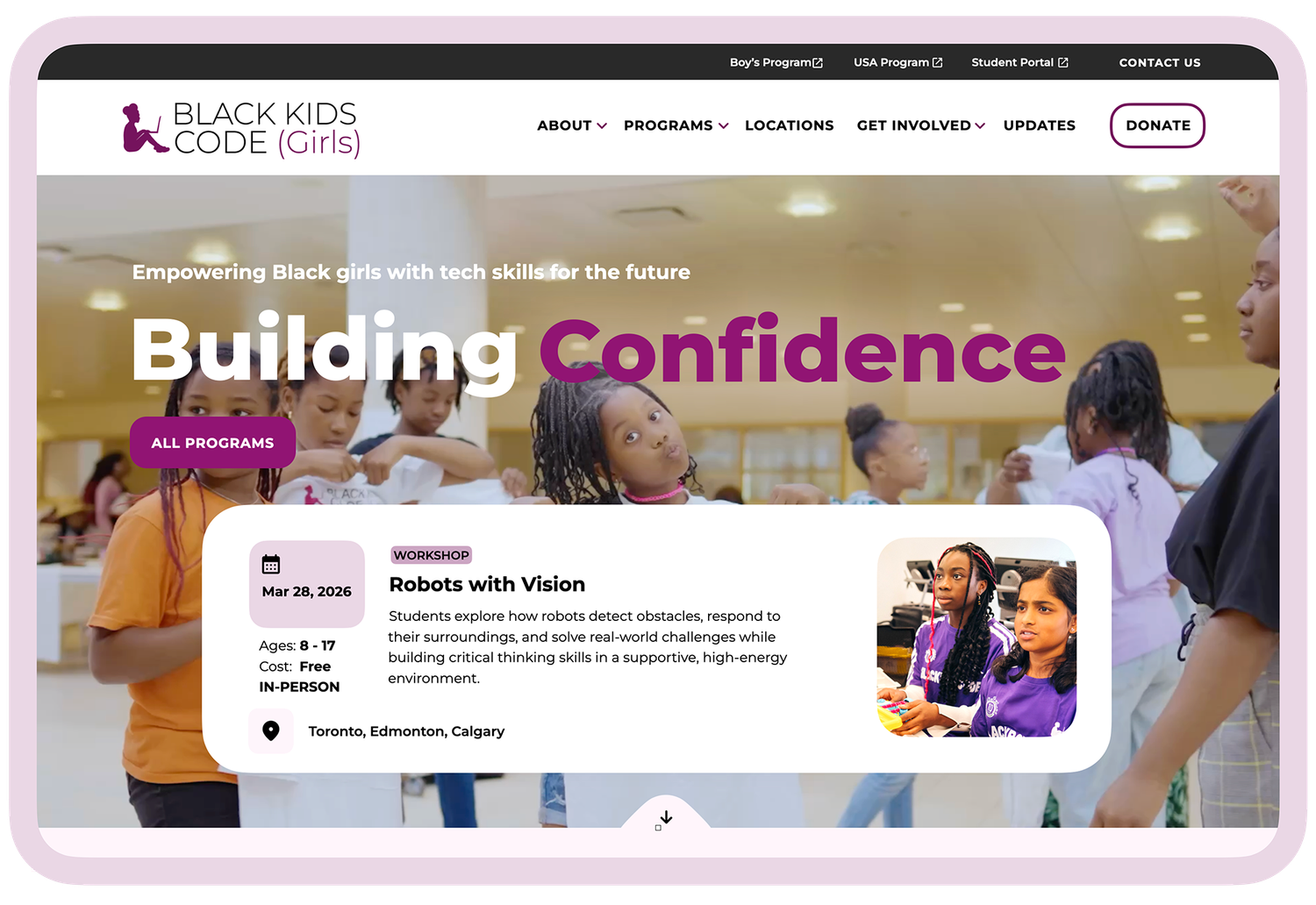 Black Kids Code (Girls) homepage in purple with the headline "Building Confidence", an All Programs button and a featured robotics workshop card
