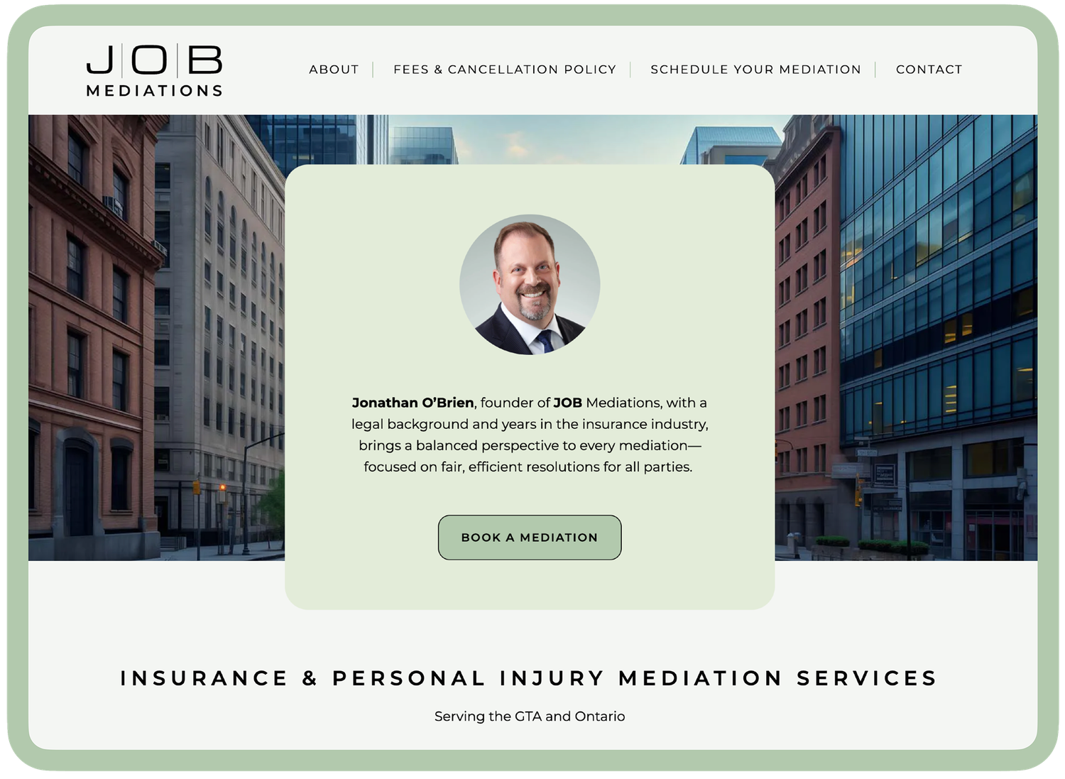 JOB Mediations website homepage on a tablet, with the headline "Insurance & Personal Injury Mediation Services" and a "Book a mediation" button