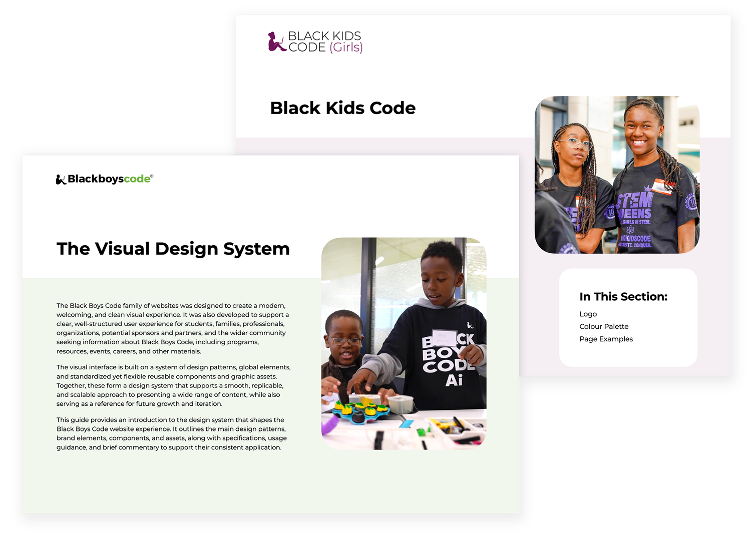 Two pages of the design system guide, "The Visual Design System" for Black Boys Code and the Black Kids Code section page