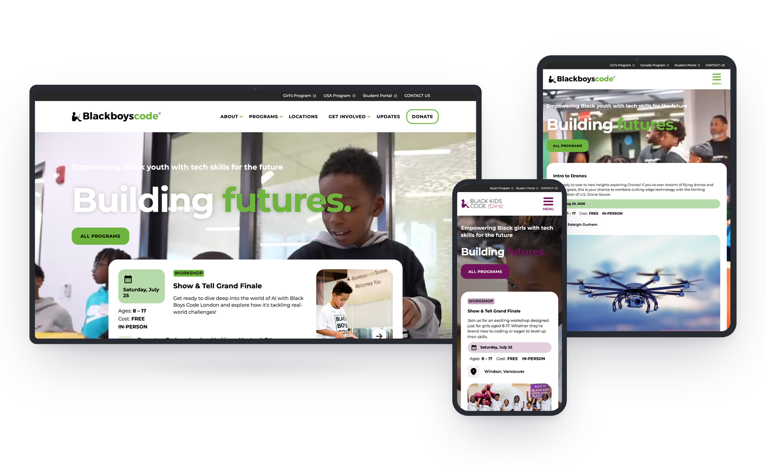 Black Boys Code and Black Kids Code websites shown on a desktop monitor, a tablet and a phone
