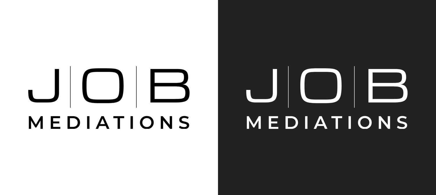JOB Mediations logo in black on white and in white on dark charcoal