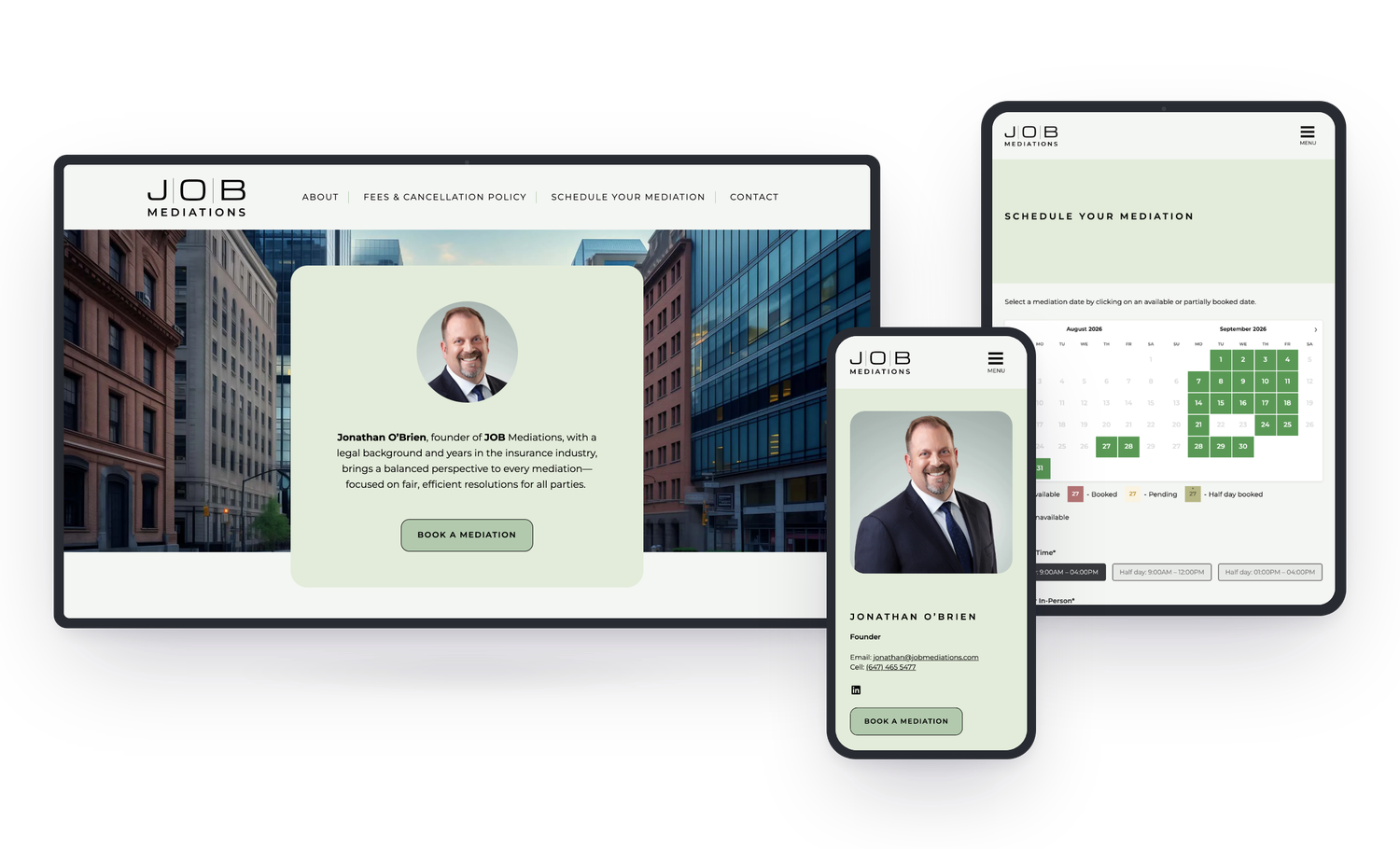 JOB Mediations website on desktop, tablet and mobile screens